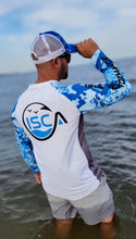Carregar imagem no visualizador da galeria, Azul e branco gráfico manga longa proteção UV 50+